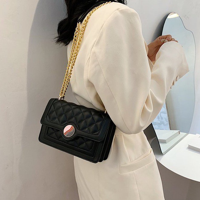 Colourblock disc embellished flap quilted PU leather crossbody bag