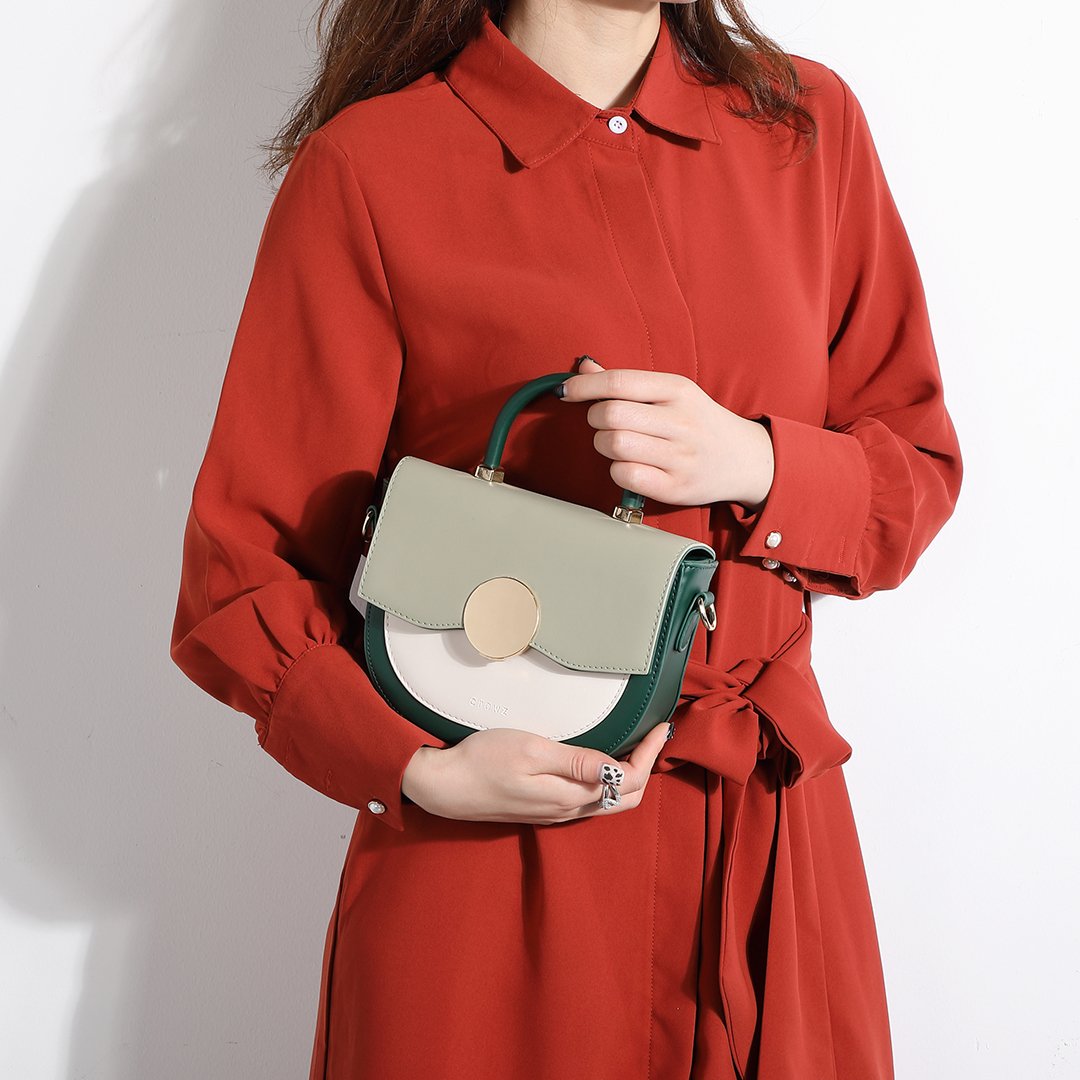 Circular hardware flap colourblock PU leather crossbody bag