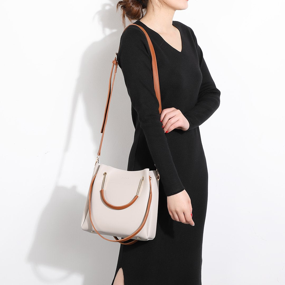 Metal top handle dual strap PU leather bucket bag