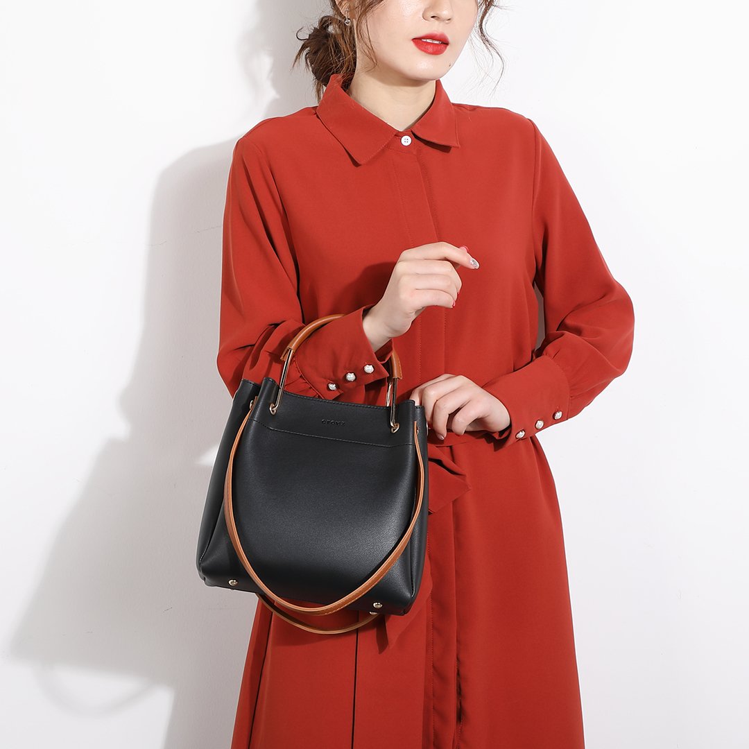 Metal top handle dual strap PU leather bucket bag