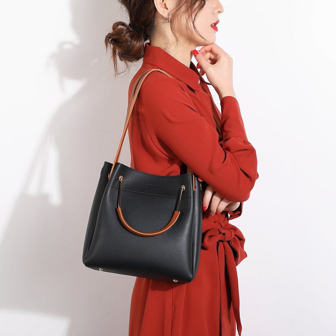 Metal top handle dual strap PU leather bucket bag