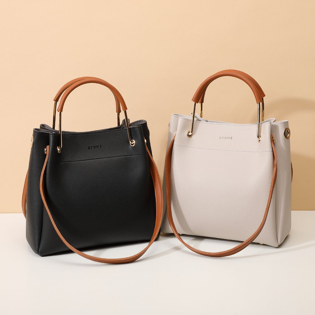 Metal top handle dual strap PU leather bucket bag