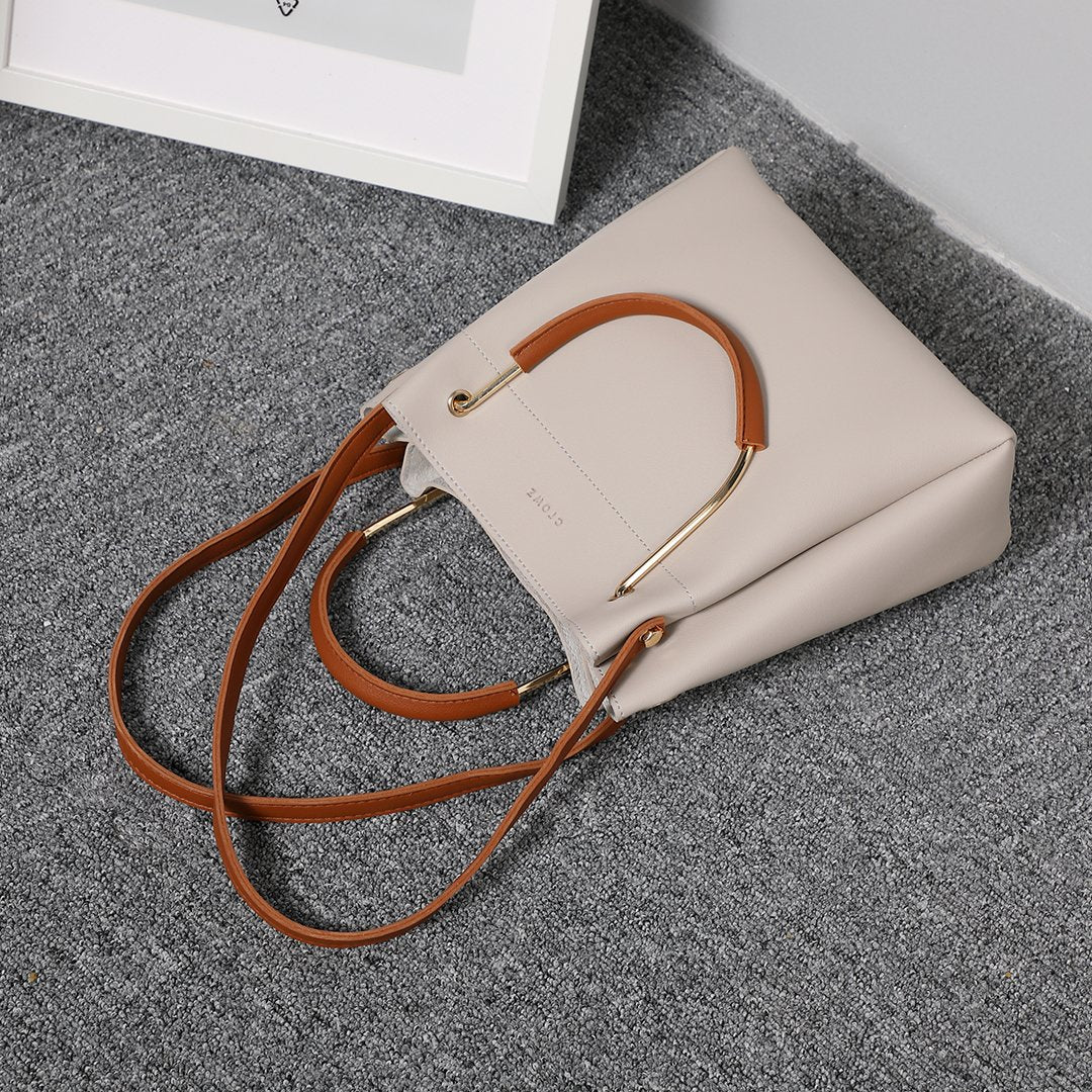 Metal top handle dual strap PU leather bucket bag