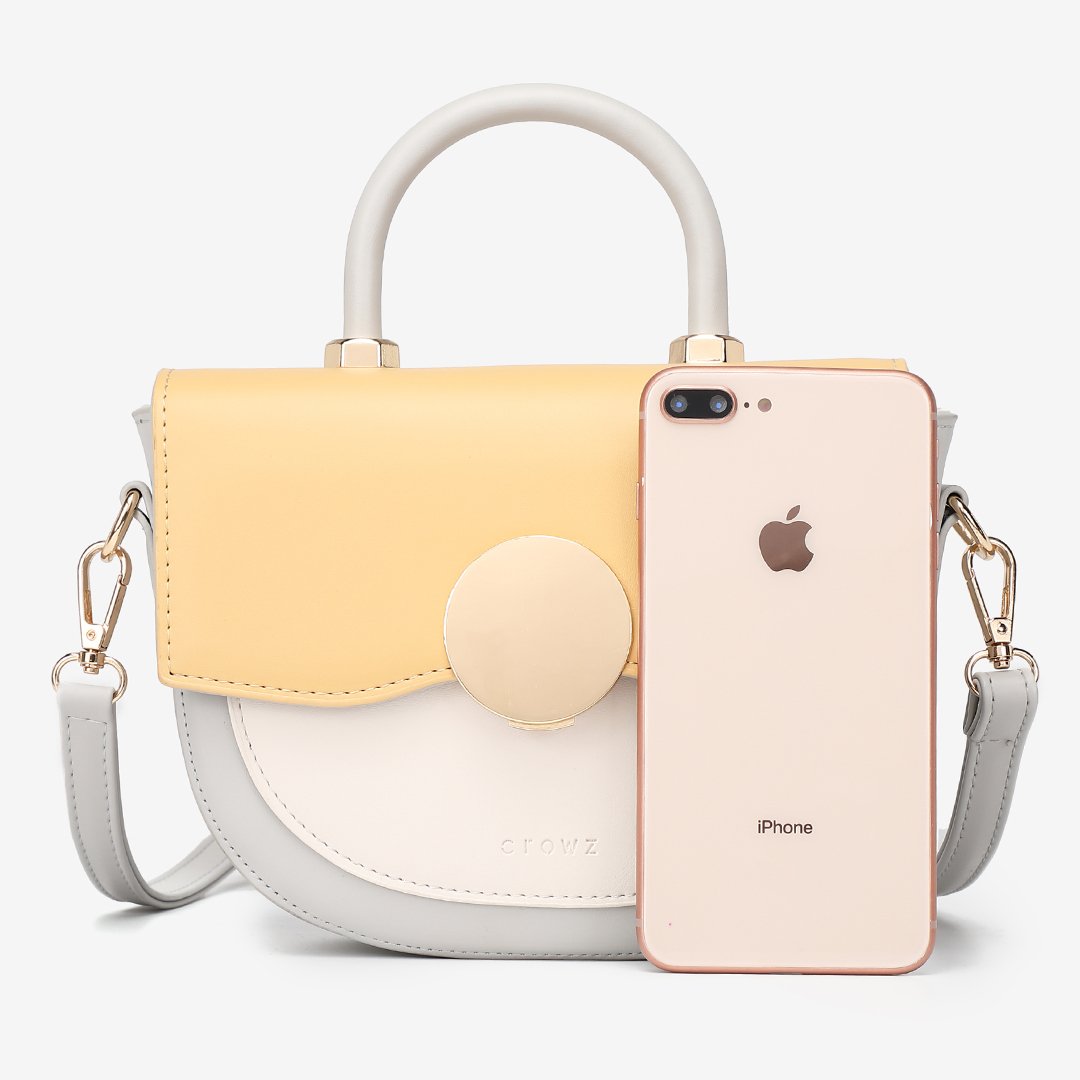 Circular hardware flap colourblock PU leather crossbody bag