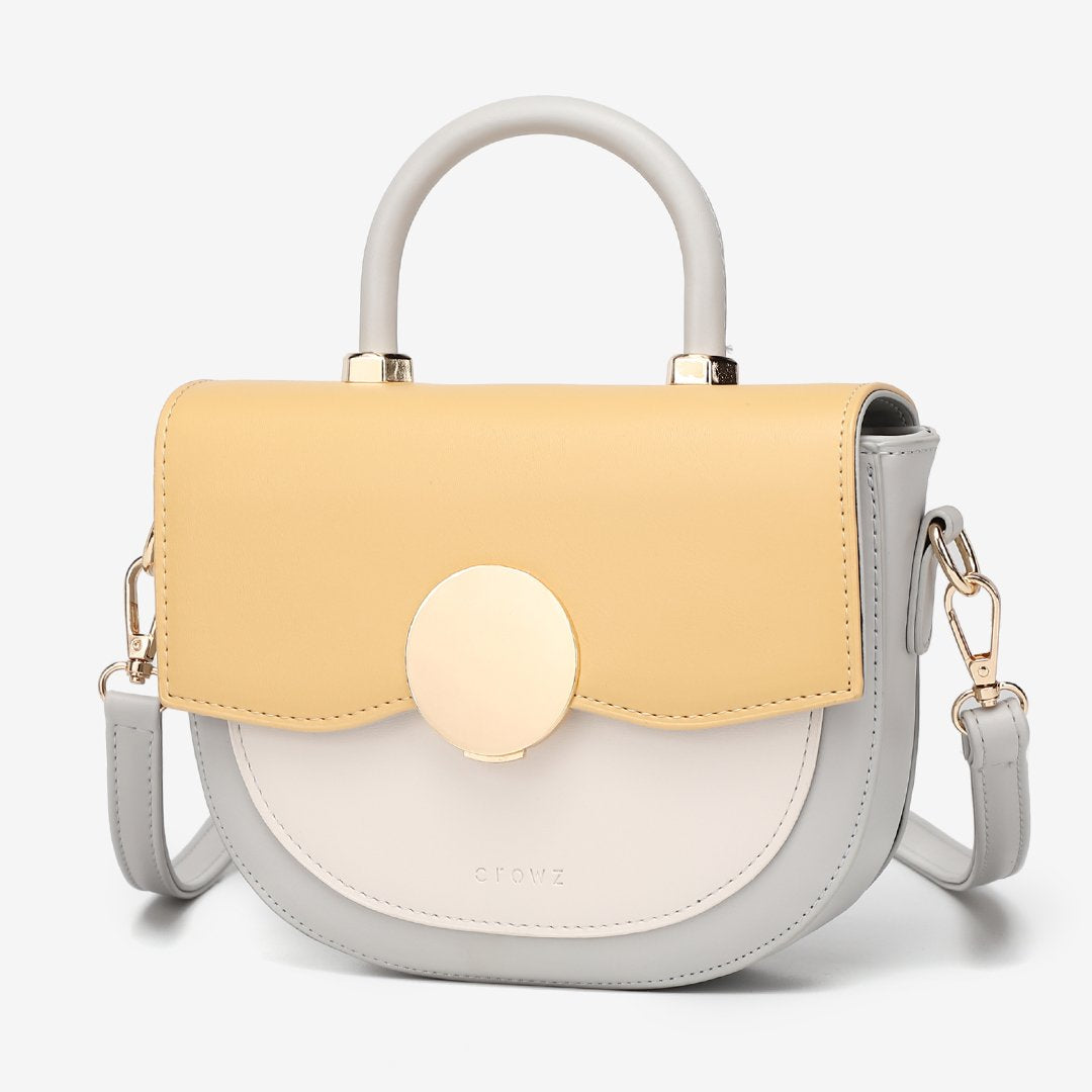 Circular hardware flap colourblock PU leather crossbody bag