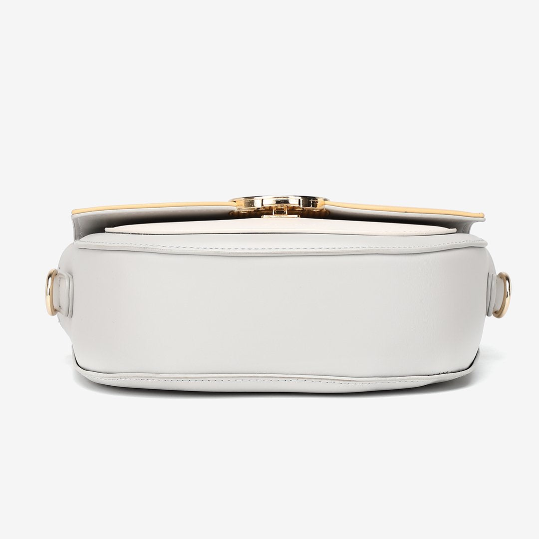 Circular hardware flap colourblock PU leather crossbody bag