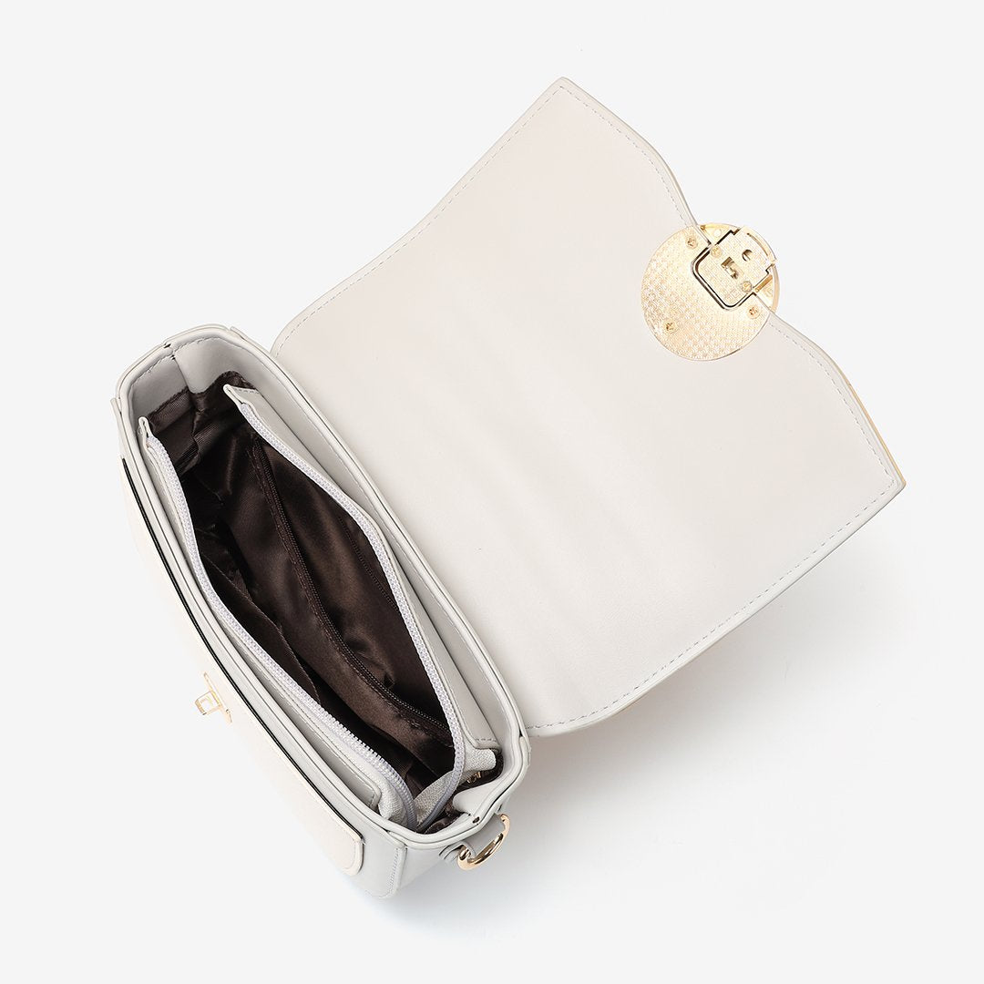 Circular hardware flap colourblock PU leather crossbody bag