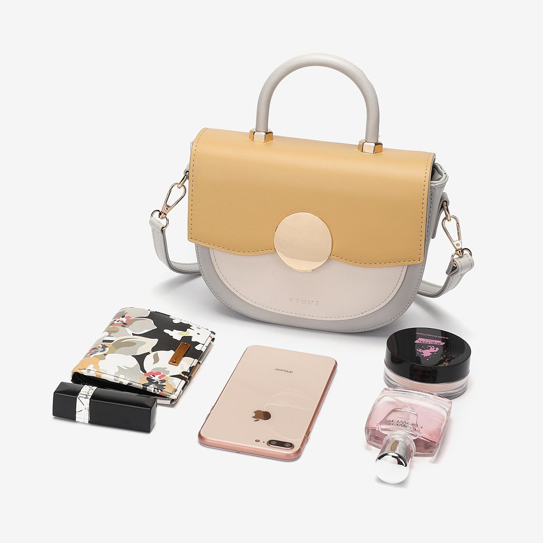 Circular hardware flap colourblock PU leather crossbody bag