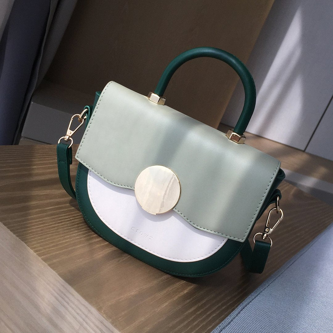 Circular hardware flap colourblock PU leather crossbody bag