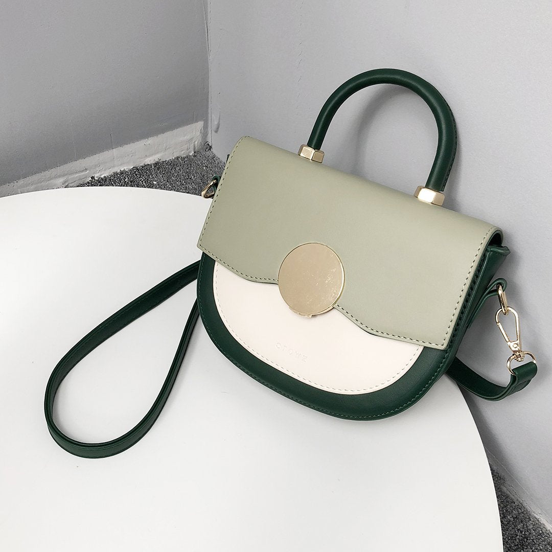 Circular hardware flap colourblock PU leather crossbody bag