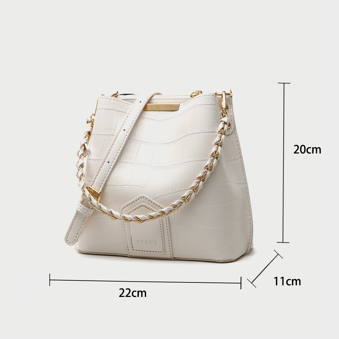 Woven chain handle croc-effect PU leather bucket bag