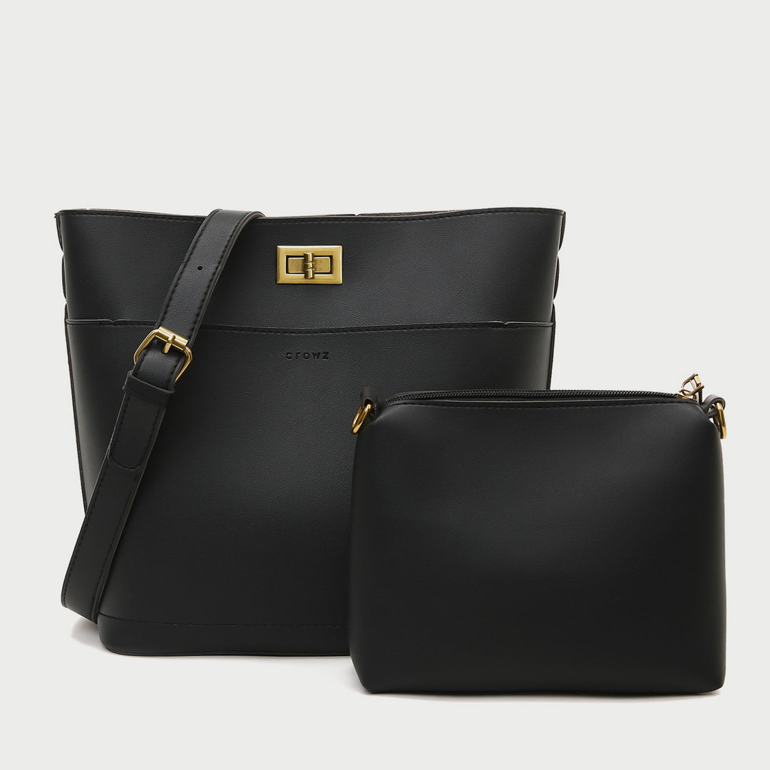 Minimalistic front pocket turn-lock PU leather bucket bag