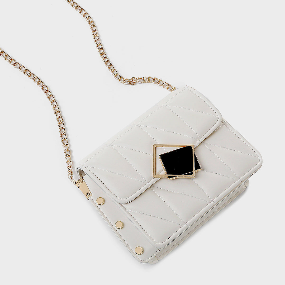 Contrast frame flap studded quilted PU leather crossbody bag