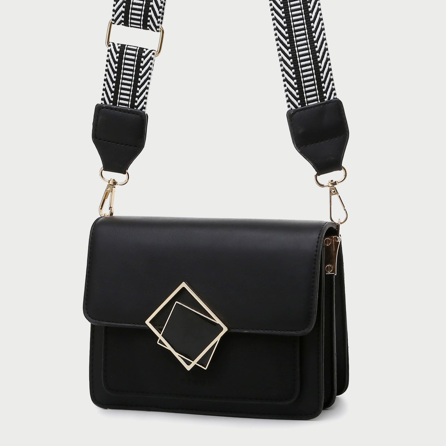 Contrast frame flap stripe strap PU leather crossbody bag