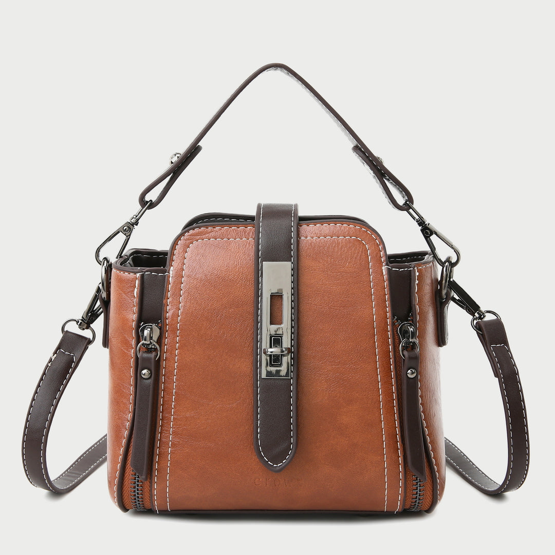 Metal turn-lock strap zip side PU leather crossbody bag