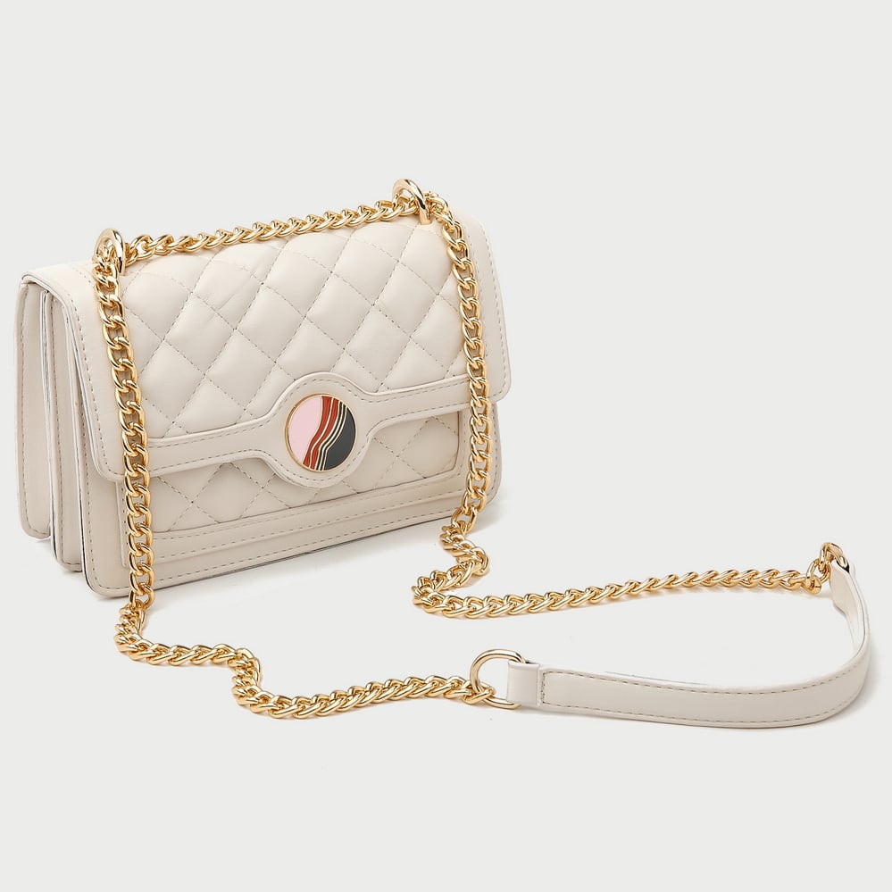 Colourblock disc embellished flap quilted PU leather crossbody bag