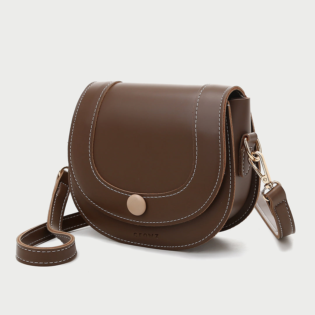 Contrast stud topstitched PU leather saddle bag