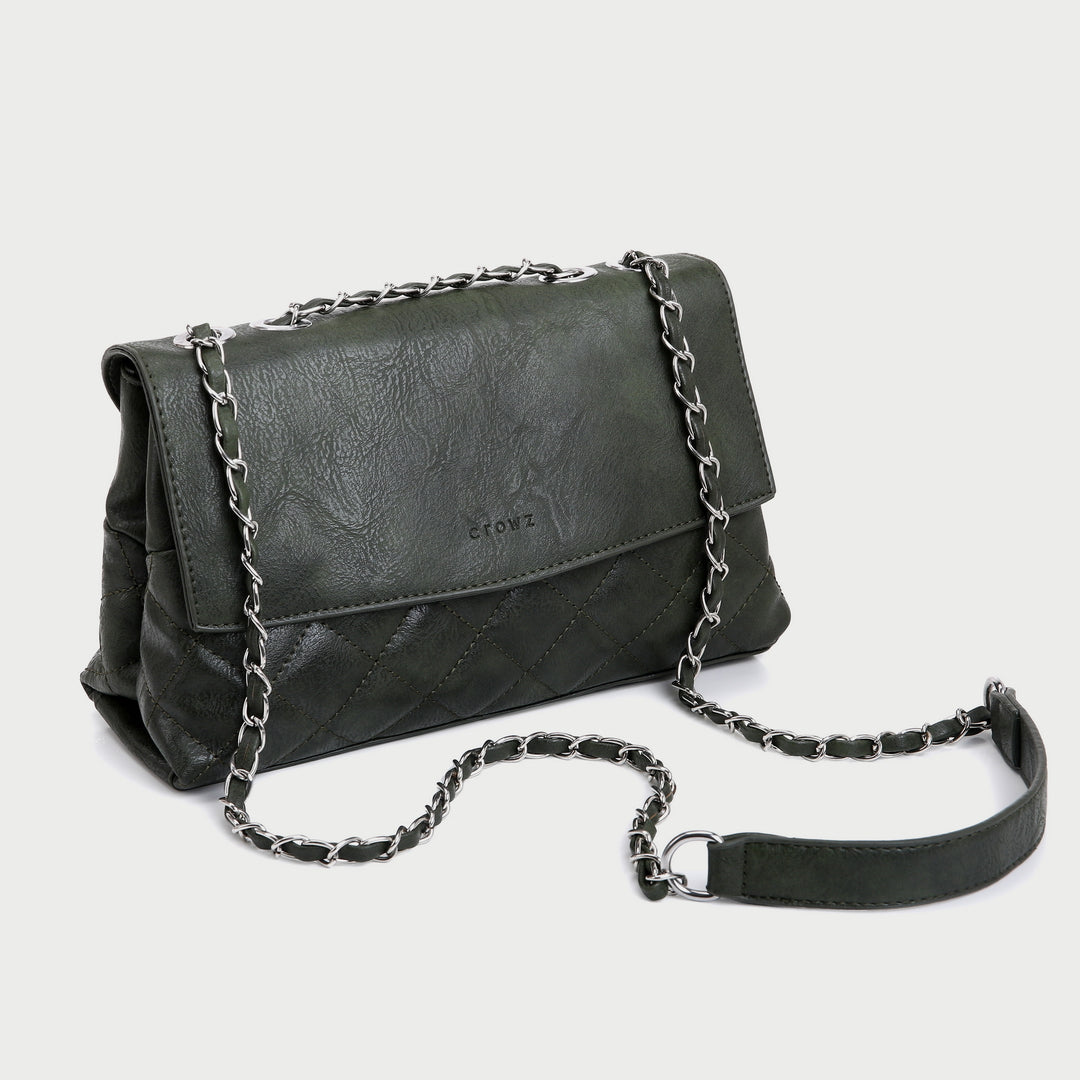 Flapover two-compartment quilted PU leather crossbody bag