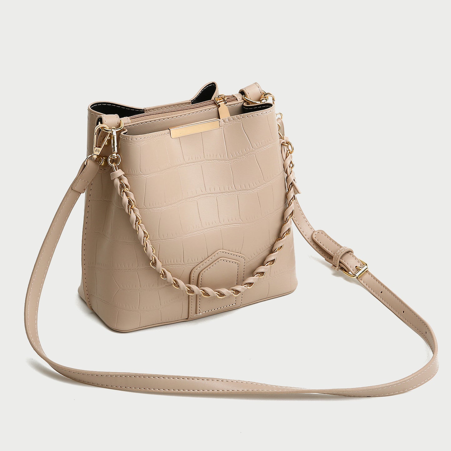 Woven chain handle croc-effect PU leather bucket bag