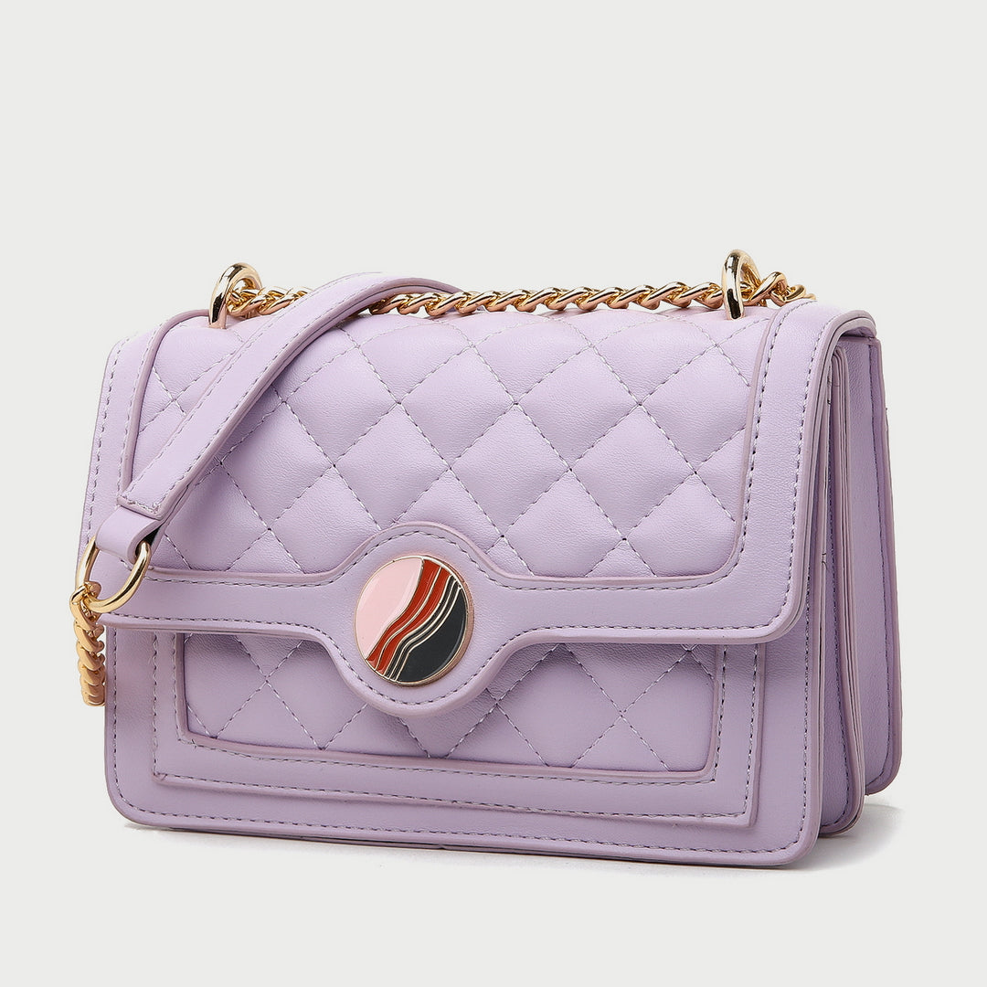 Colourblock disc embellished flap quilted PU leather crossbody bag