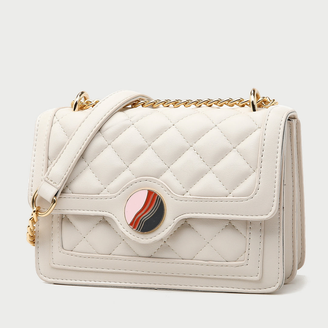 Colourblock disc embellished flap quilted PU leather crossbody bag