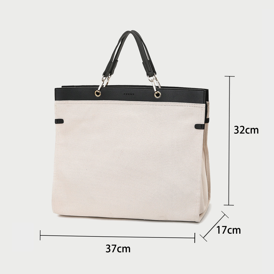 PU leather trim optional-handle roomy canvas tote bag