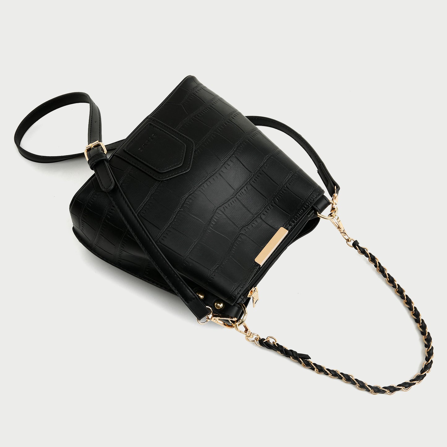 Woven chain handle croc-effect PU leather bucket bag