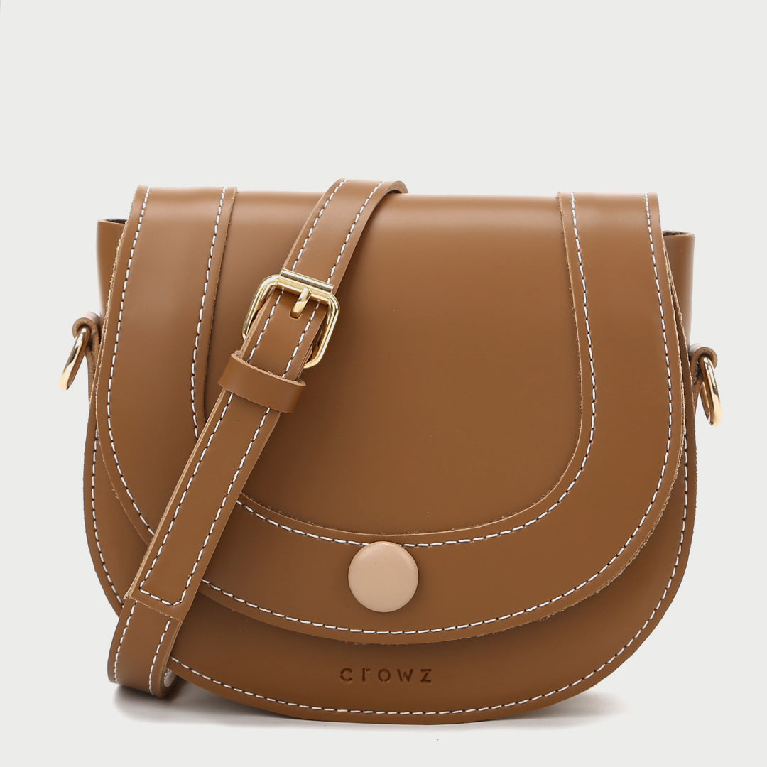 Contrast stud topstitched PU leather saddle bag