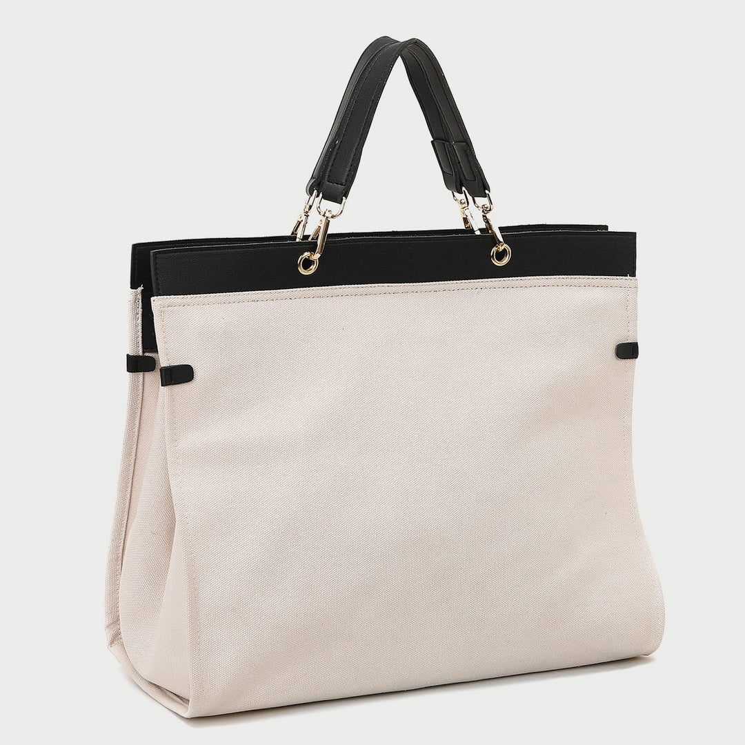 PU leather trim optional-handle roomy canvas tote bag