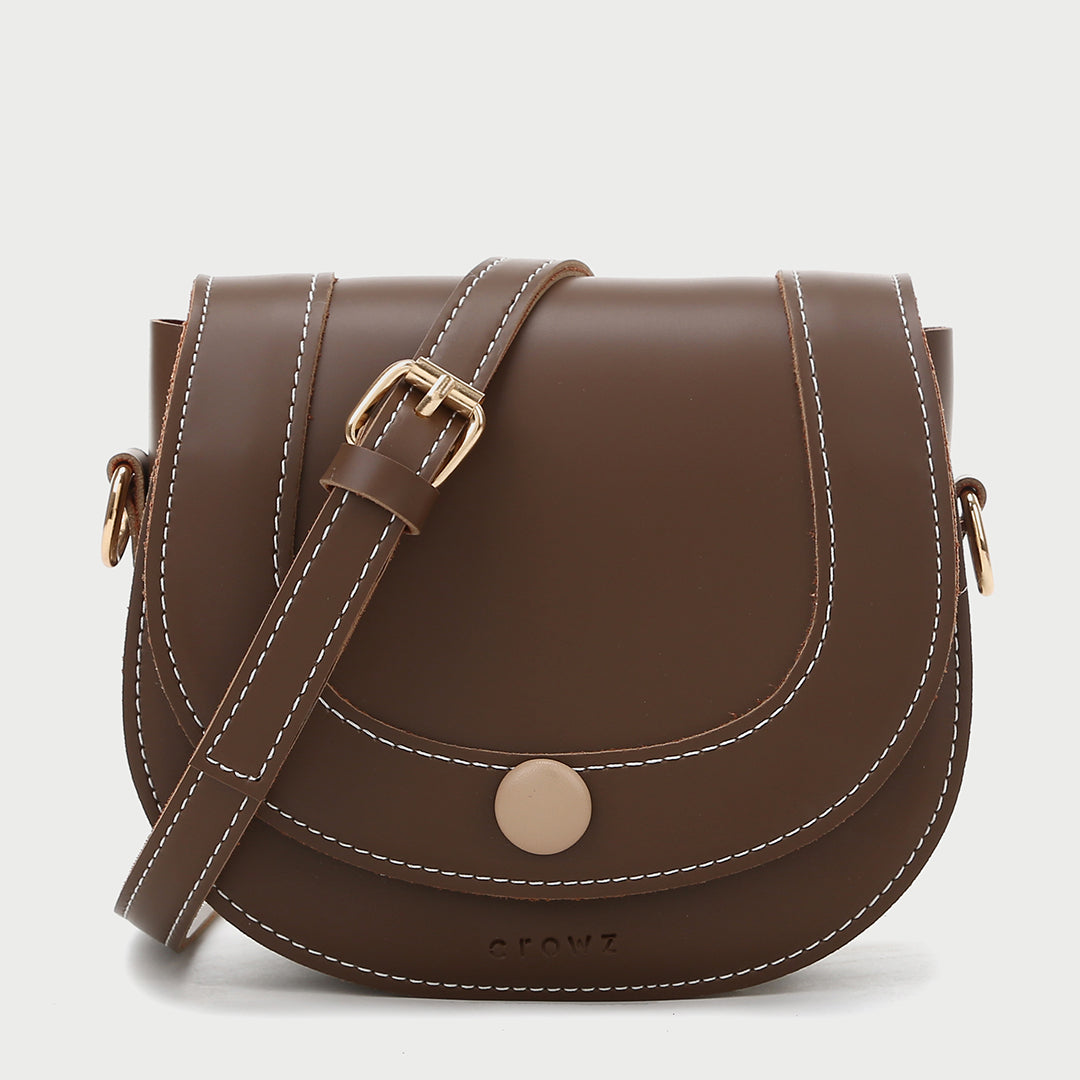 Contrast stud topstitched PU leather saddle bag