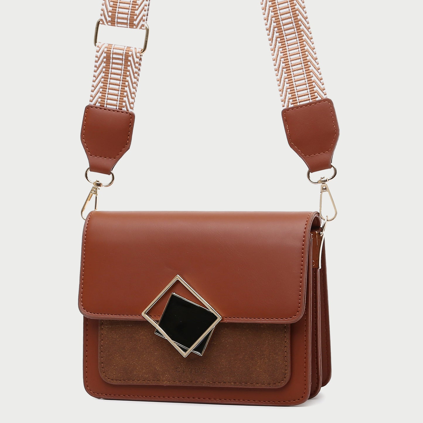 Contrast frame flap stripe strap PU leather crossbody bag