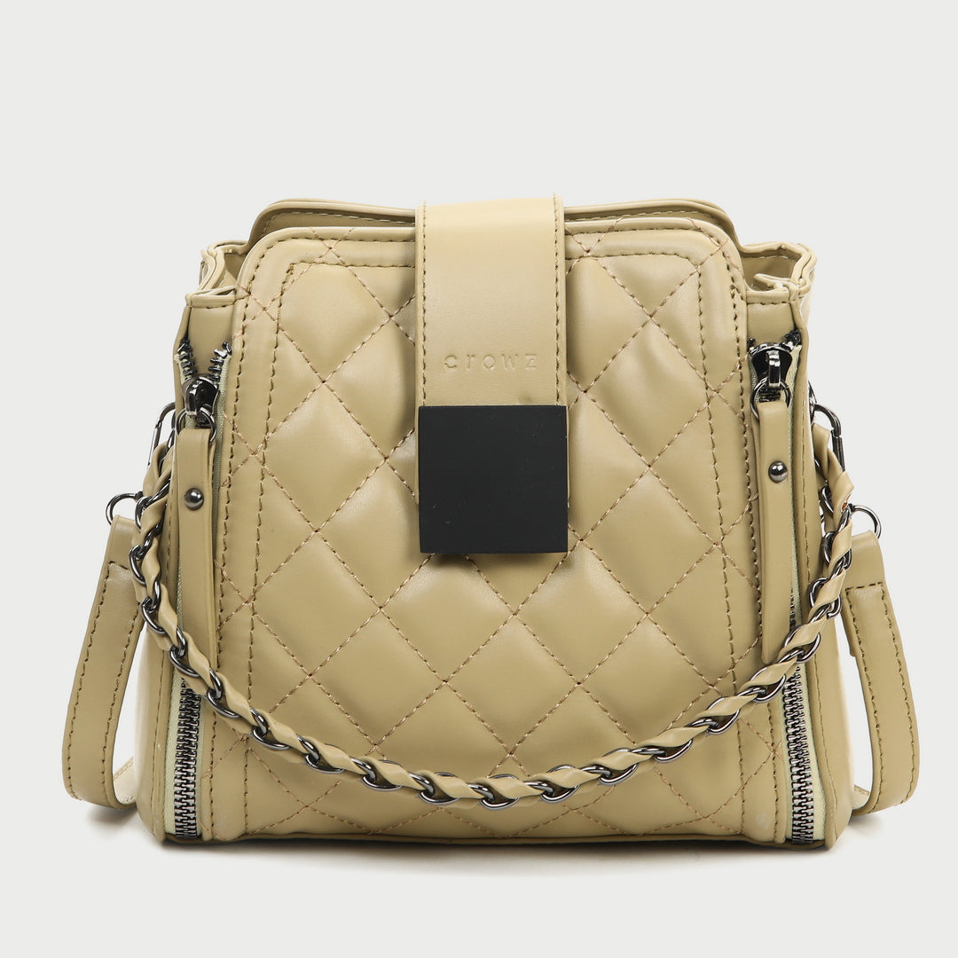 Woven chain strap zipped detail quilted PU leather crossbody bag