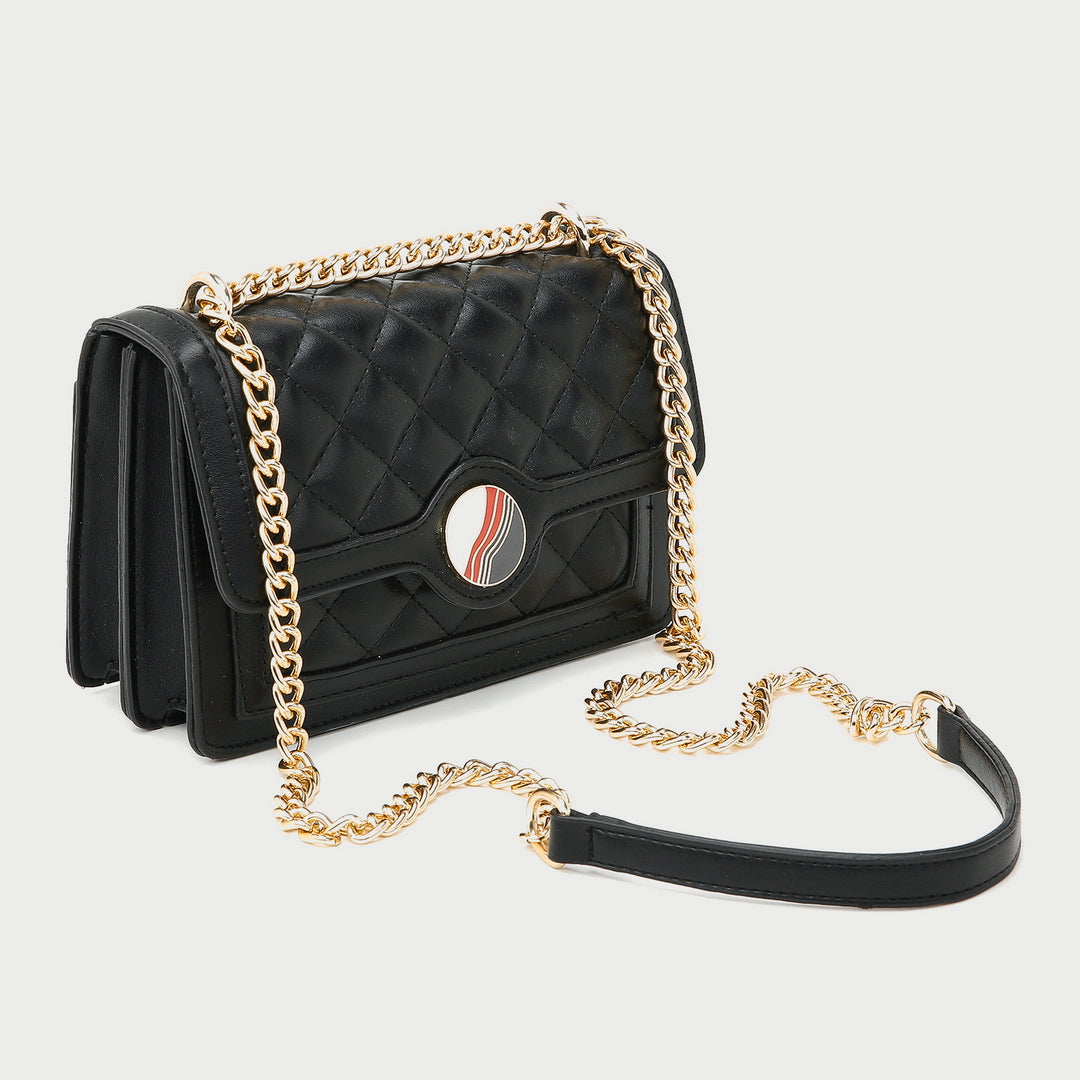 Colourblock disc embellished flap quilted PU leather crossbody bag