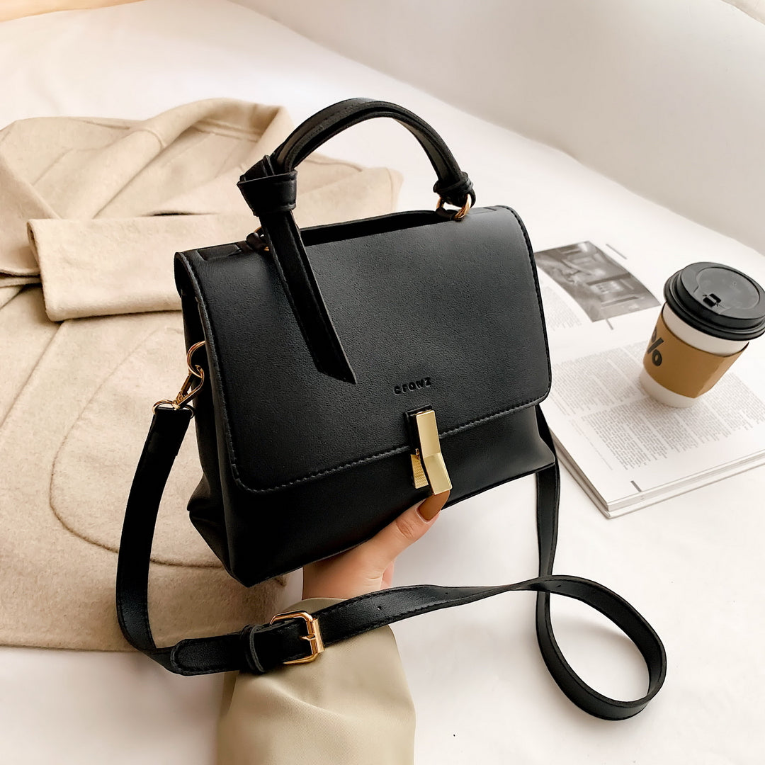 Metal clip lock open-top flap PU leather crossbody bag