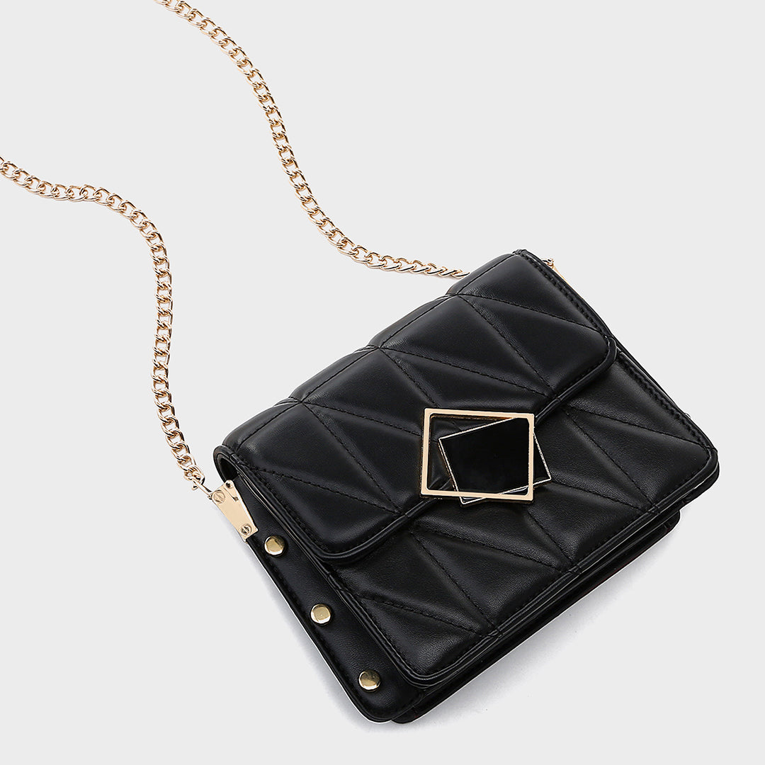 Contrast frame flap studded quilted PU leather crossbody bag