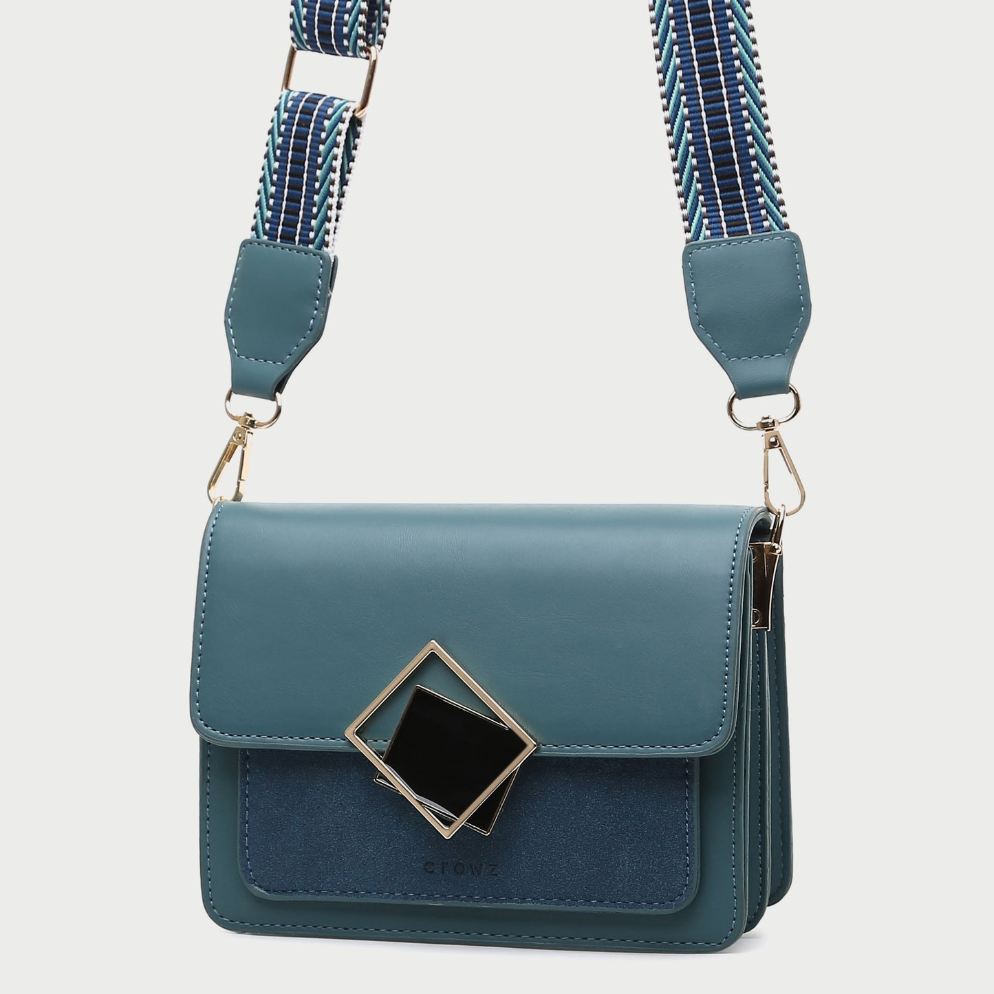 Contrast frame flap stripe strap PU leather crossbody bag