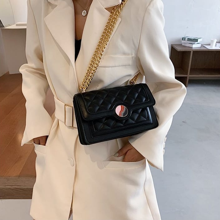 Colourblock disc embellished flap quilted PU leather crossbody bag