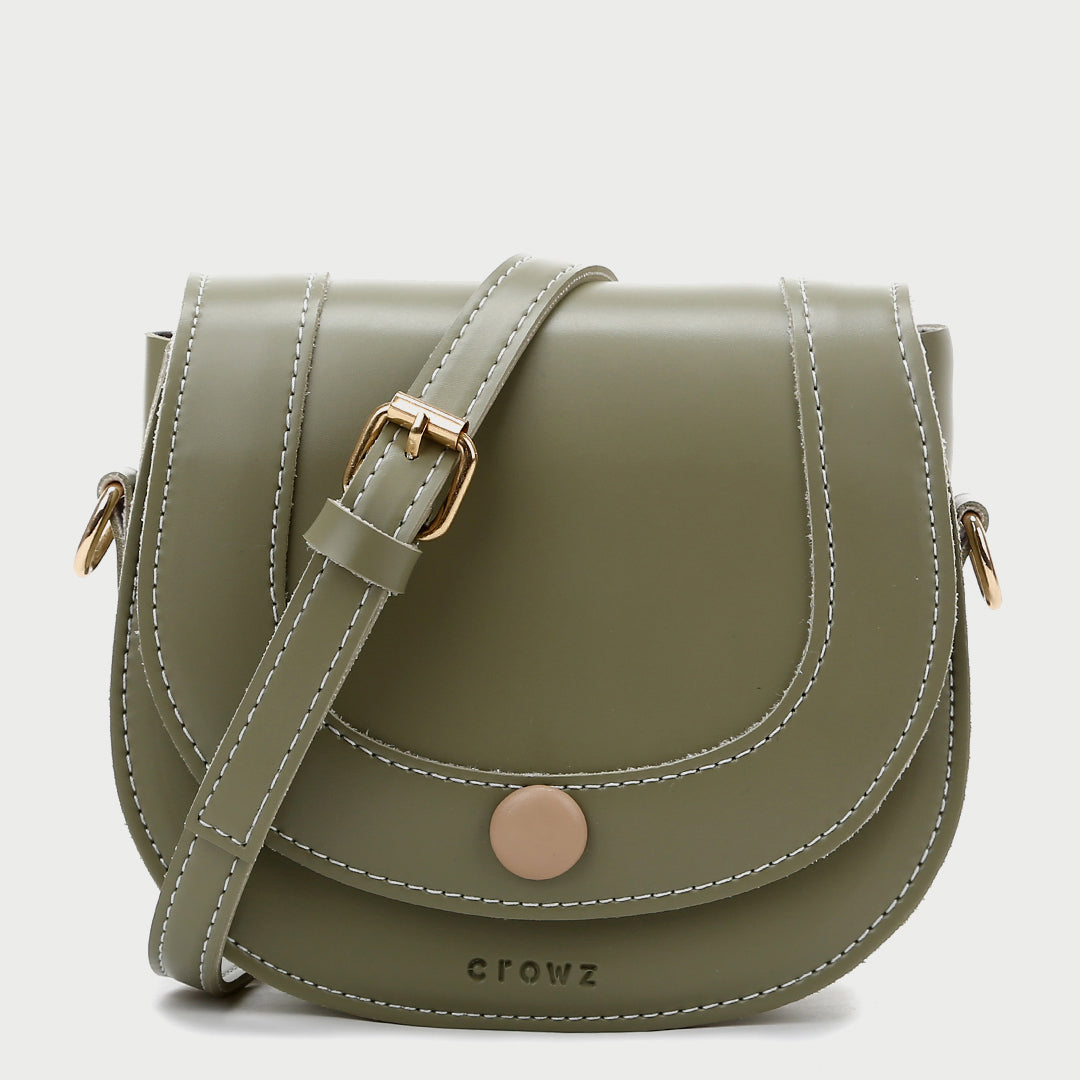 Contrast stud topstitched PU leather saddle bag