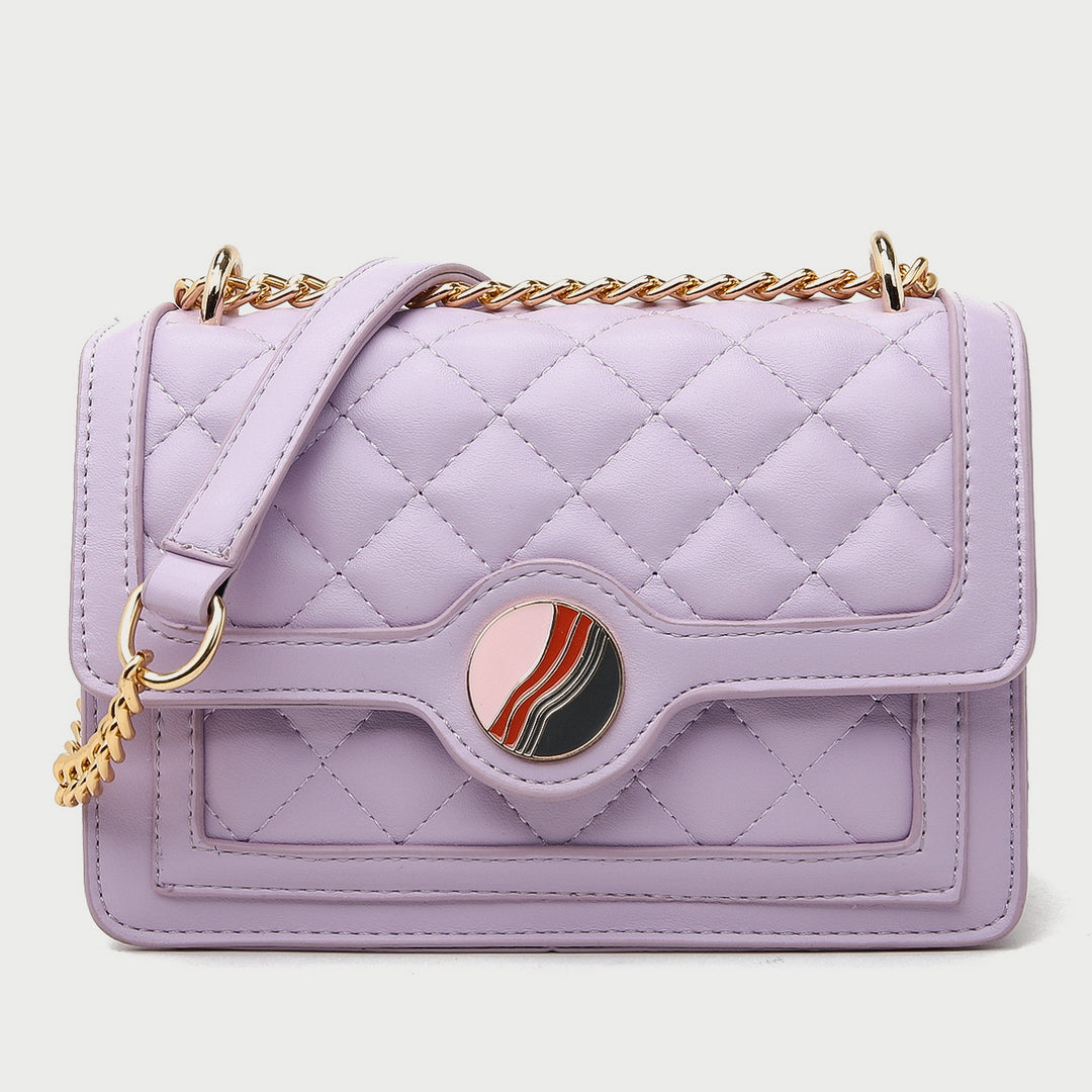 Colourblock disc embellished flap quilted PU leather crossbody bag