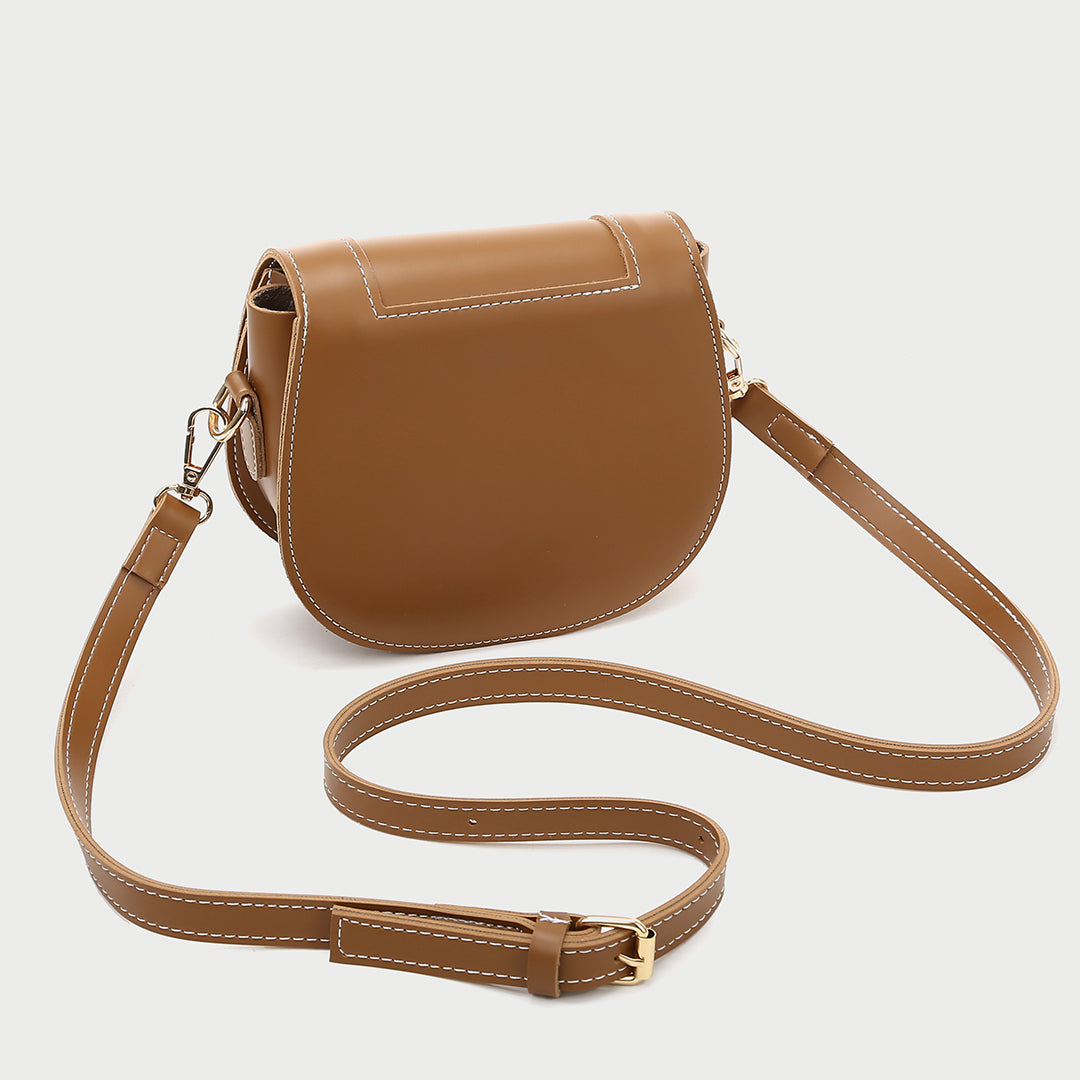 Contrast stud topstitched PU leather saddle bag