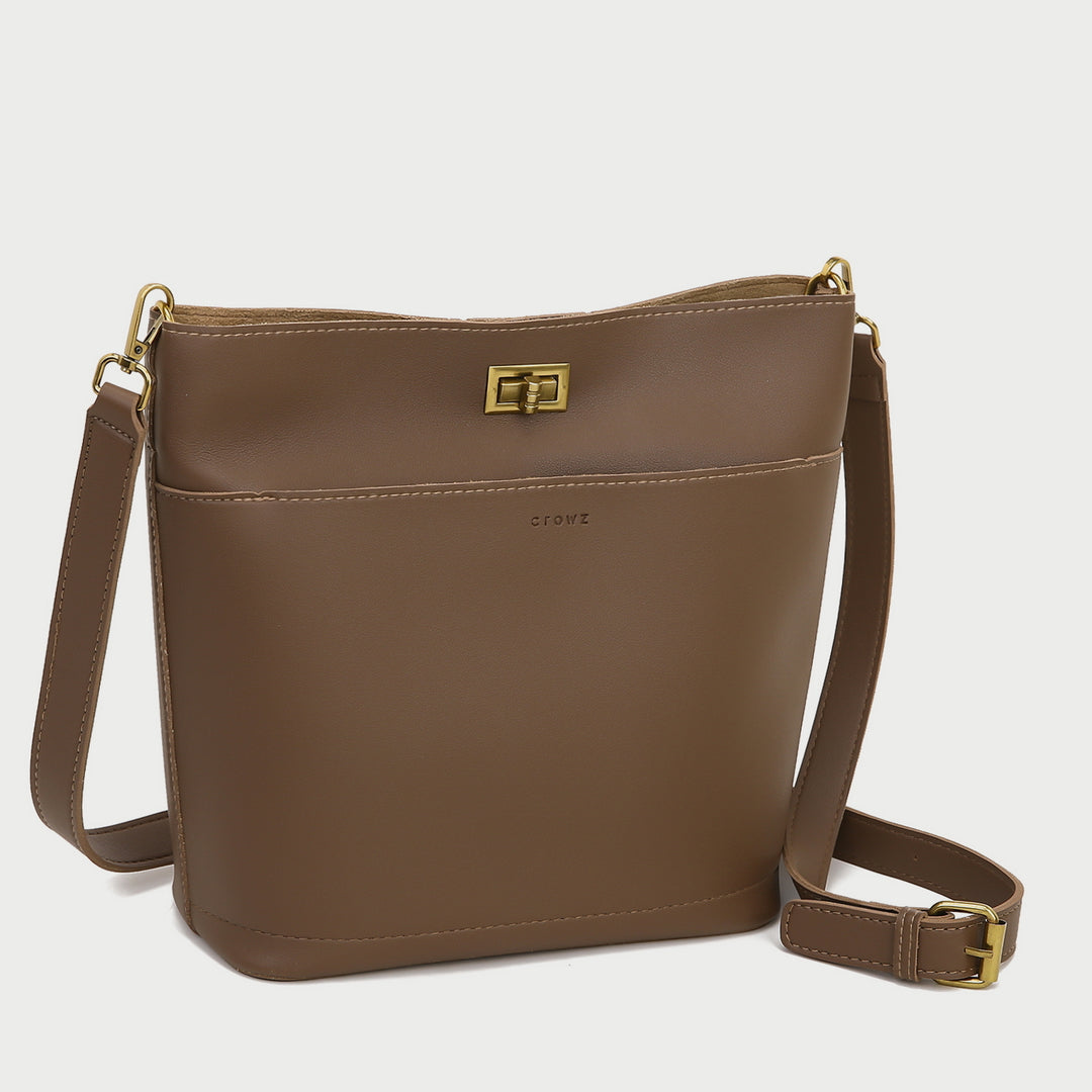 Minimalistic front pocket turn-lock PU leather bucket bag
