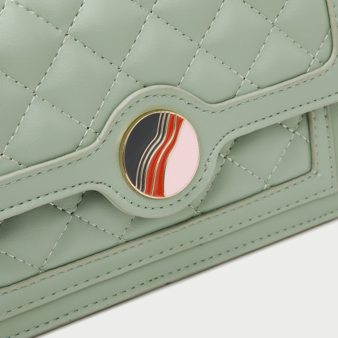 Colourblock disc embellished flap quilted PU leather crossbody bag