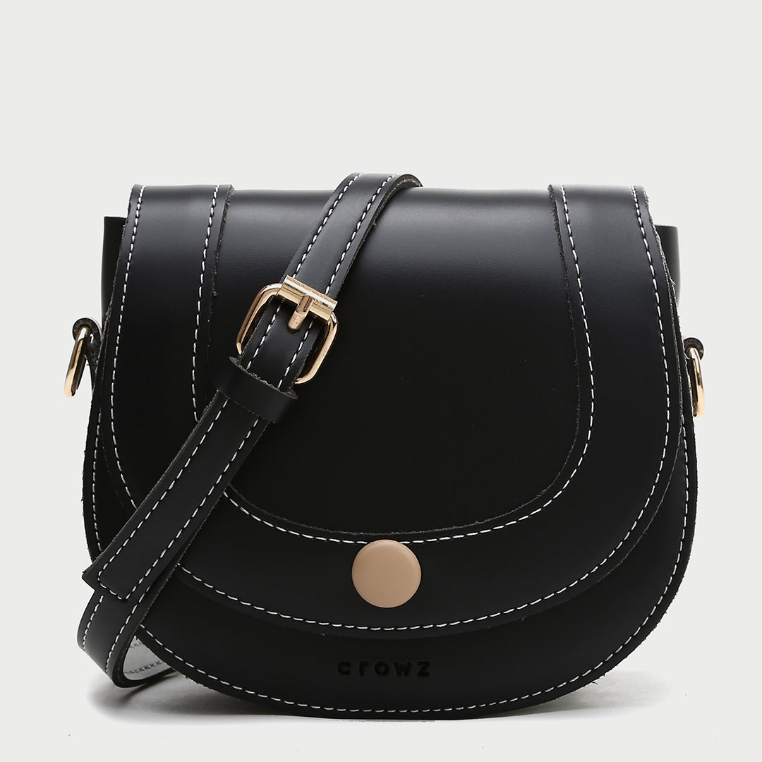 Contrast stud topstitched PU leather saddle bag