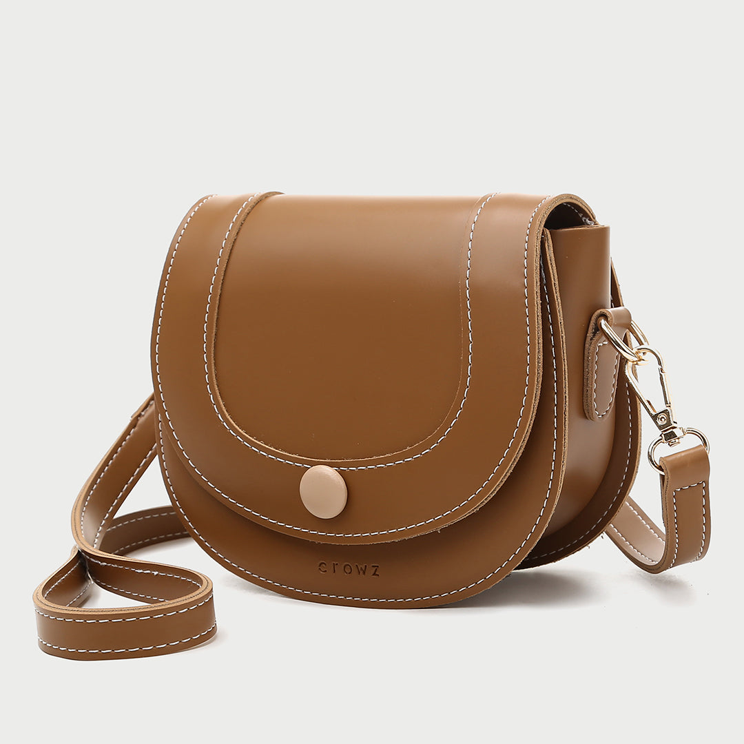 Contrast stud topstitched PU leather saddle bag