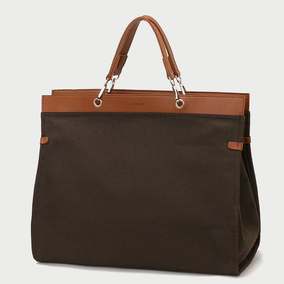 PU leather trim optional-handle roomy canvas tote bag