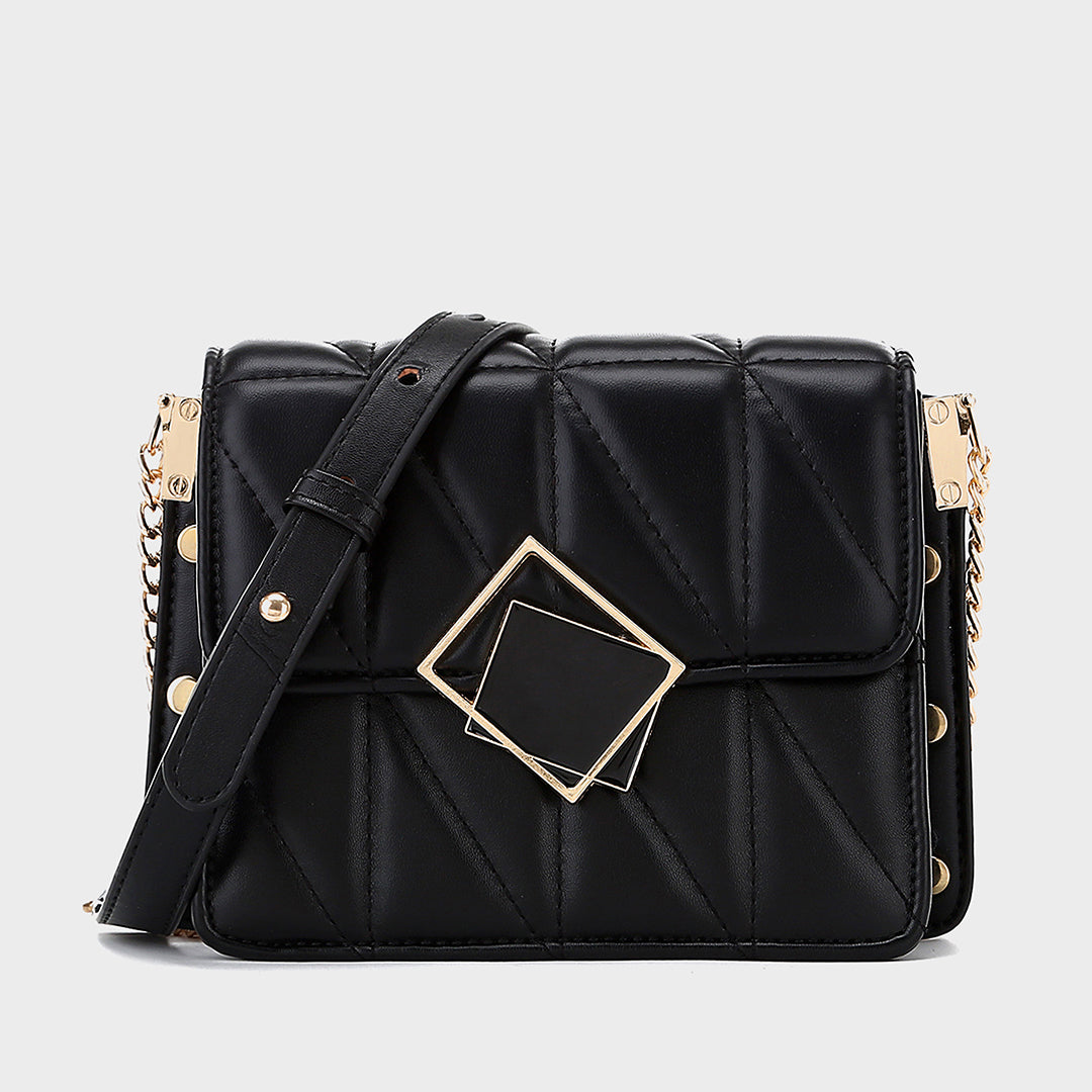 Contrast frame flap studded quilted PU leather crossbody bag