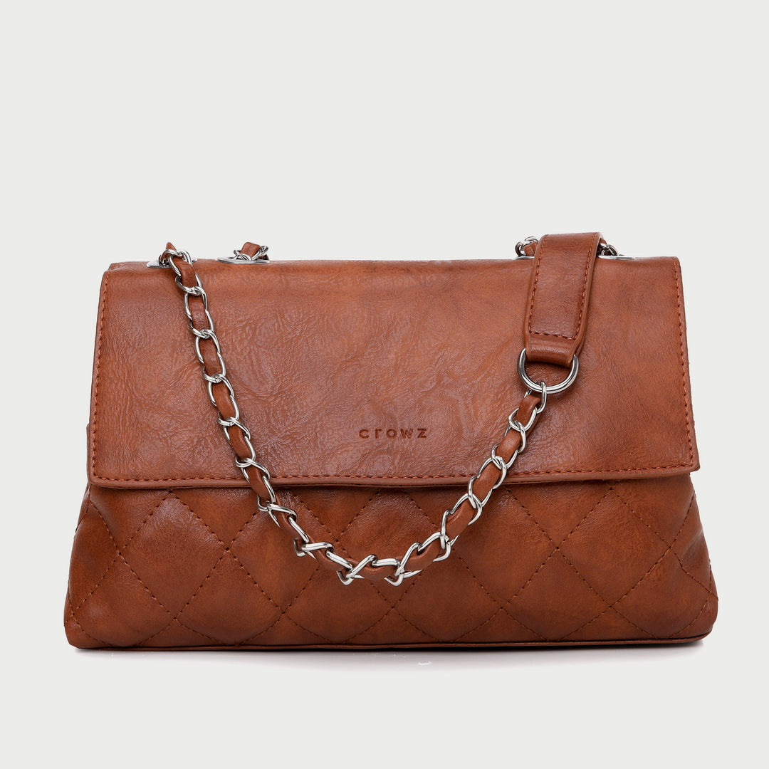 Flapover two-compartment quilted PU leather crossbody bag