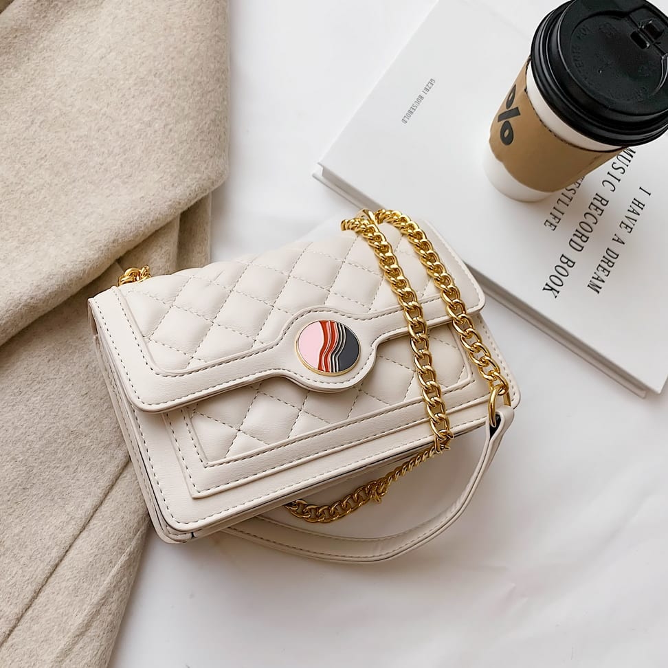 Colourblock disc embellished flap quilted PU leather crossbody bag