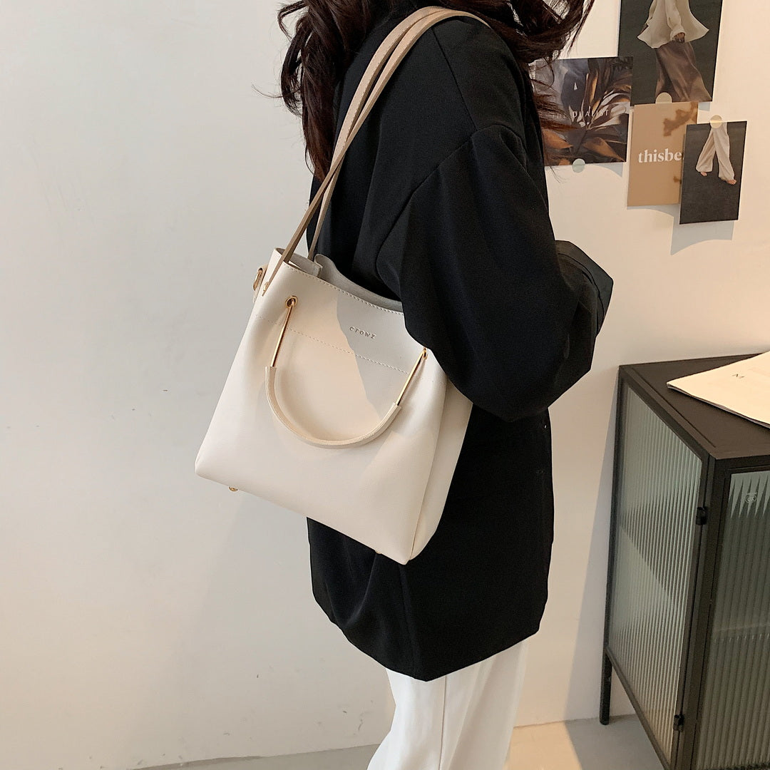 Metal handle contrast strap PU leather bucket bag