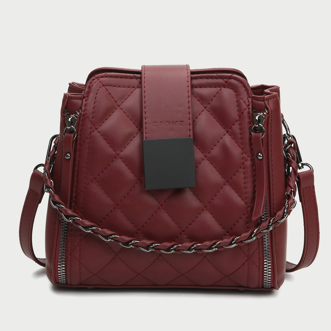 Woven chain strap zipped detail quilted PU leather crossbody bag